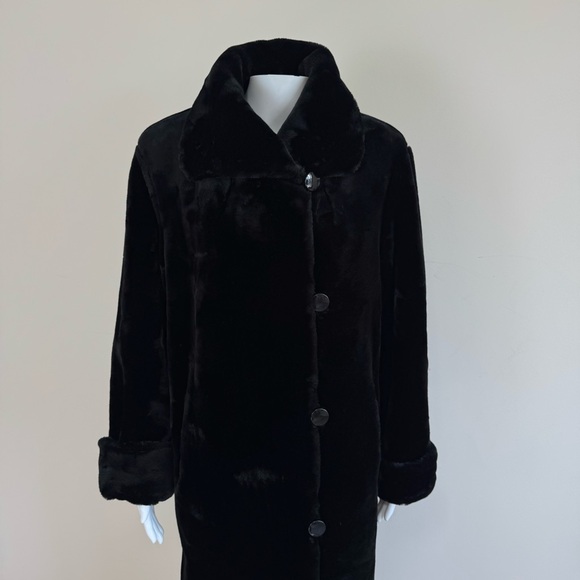 Gallery Black Faux Fur Full Length Long Coat Plush Modacrylic Winter Button Sz M - Picture 6 of 17